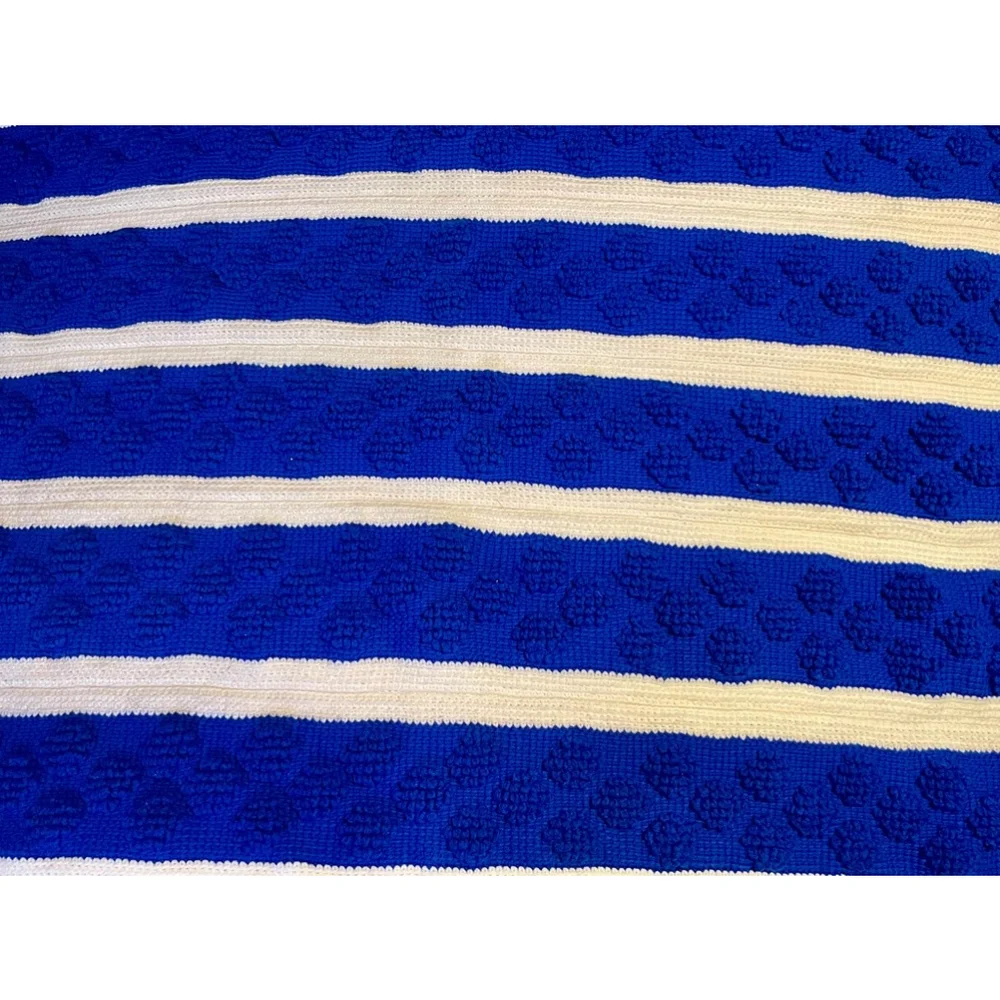 Handmade Afghan Blue and White Striped textured puffs crochet blanket school